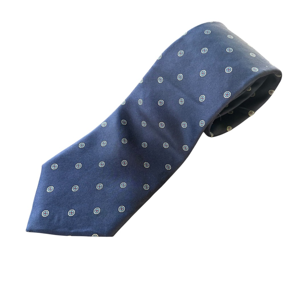 Christian Dior Mens Silk Tie Navy Blue Medallion Geometric Pattern Paris NY